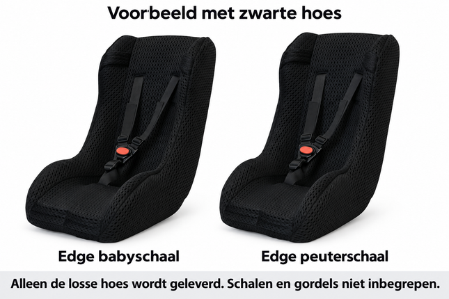 Voorbeeld van zwarte hoes op Edge babyschaal en peuterschaal; schalen en gordels niet inbegrepen