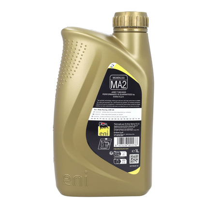 Eni i-Ride Racing 10W-60 4T-motorolie voor Piaggio i-Get, 1 L – achterzijde met specificaties en etiketten