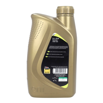 Eni i-Ride 15W-50 semi-synthetische 4T-scooterolie, 1 L – achterzijde met specificaties en etiketten