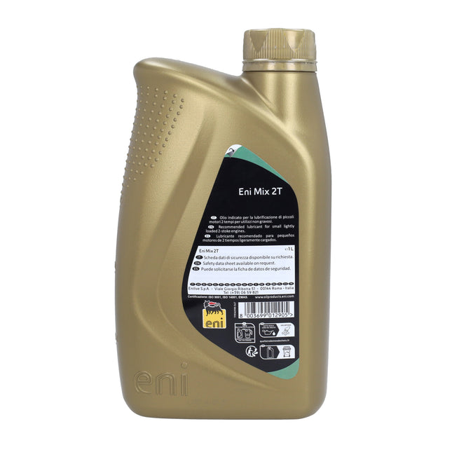 Eni Mix 2T minerale olie voor bromfiets, motor en scooter, 1 L – achterzijde met specificaties en etiketten